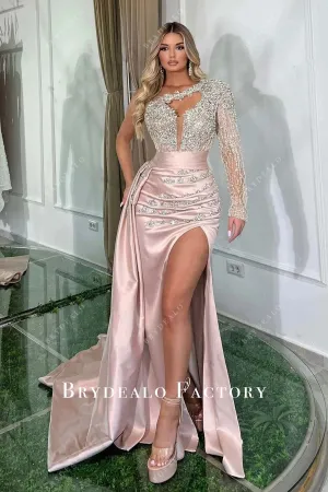 Rhinestones One Sleeve Pink Satin Slit Prom Dress