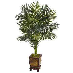 4.5' Artificial Golden Cane Palm Tree in Wooden Decorated Planter - Low Maintenance, Life-Like & Vibrant Silk Trees For Busy People.