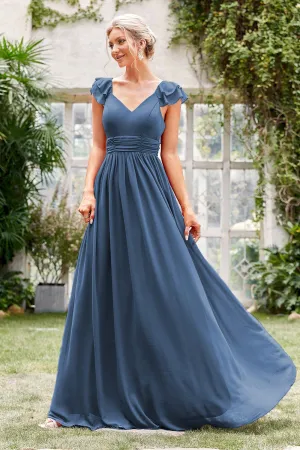 A-Line V-Neck Grey Blue Formal Dress