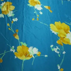 Aqua with Floral Pattern in Yellow Printed Silk Charmeuse Fabric