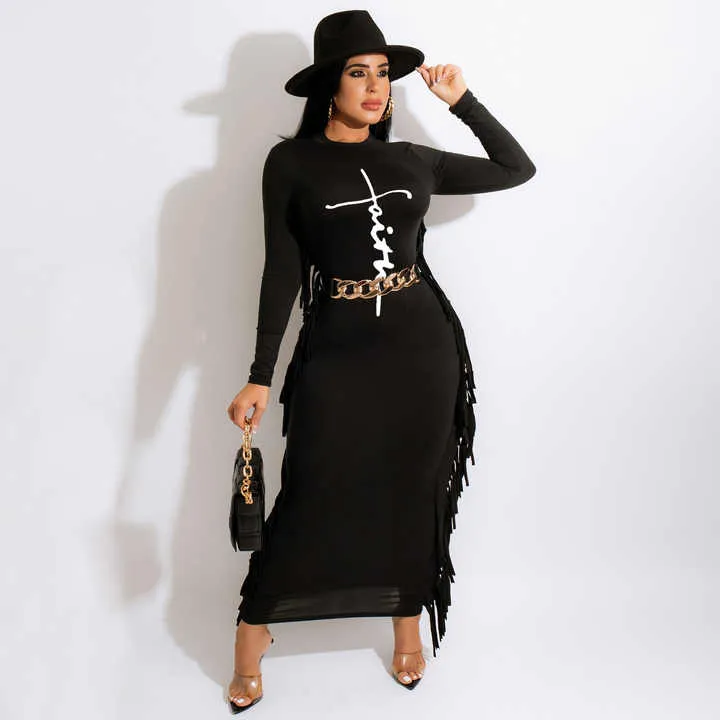 Beautiful Green FAITH Logo Long Sleeve Fringe Maxi Dress