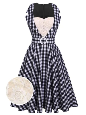 Black 1950s Check Lace Belt Swing Dress