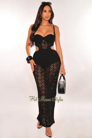 Black Crochet Spaghetti Strap Padded Boned Underwire Cut Out Maxi Dress