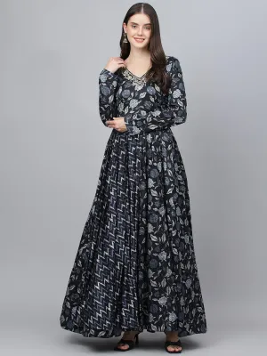 Black Floral Printed Gaji Silk Flared Gown