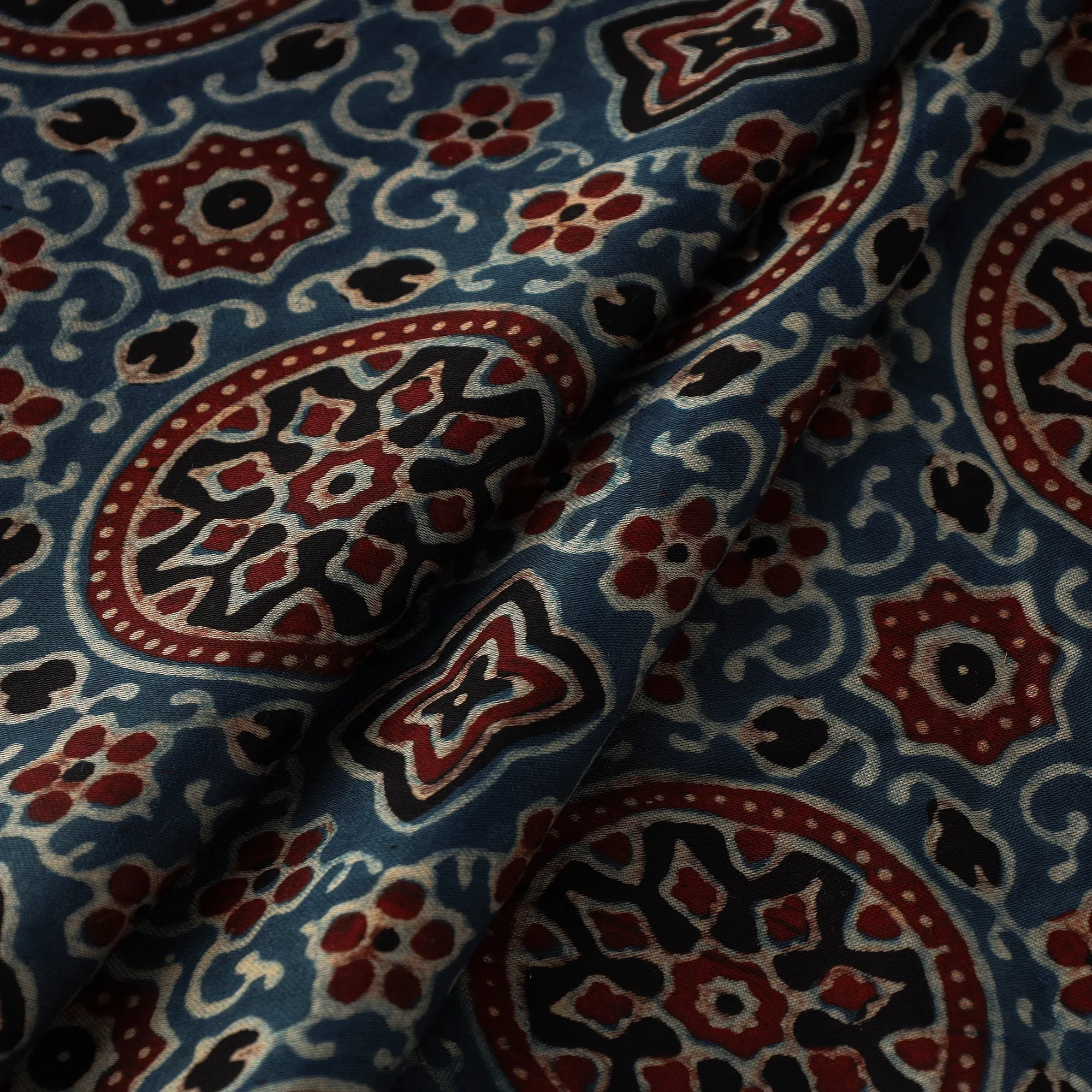 Blue - Hand Block Printed Modal Silk Ajrakh Fabric 13