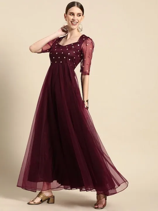 Burgundy Ethnic Motifs Embroidered Net Maxi Dress