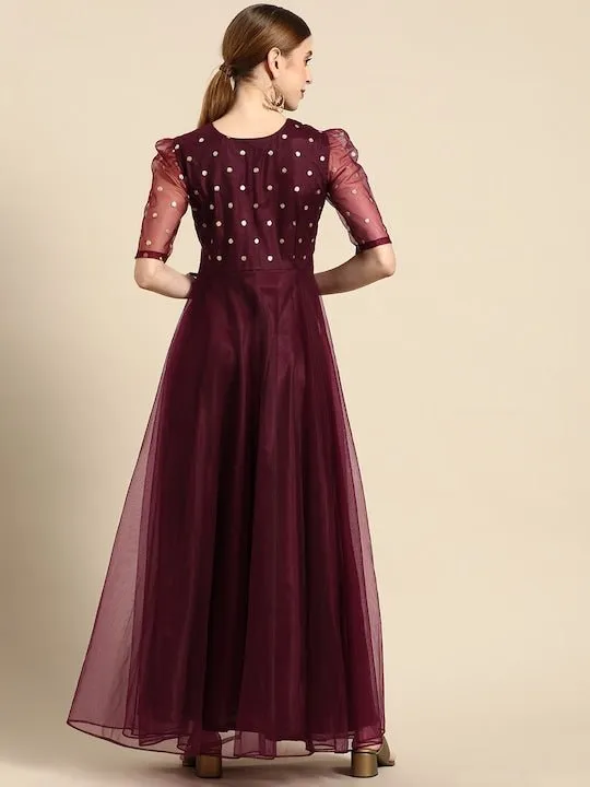 Burgundy Ethnic Motifs Embroidered Net Maxi Dress