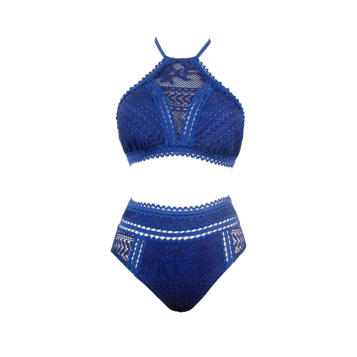 Crochet Lace Halter Neck Navy Two Piece Swimsuit