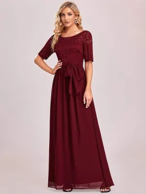 Elegant Lace Bodice Chiffon Maxi Evening Dress with Belt