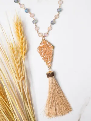 Evening Allure Drop Necklace with Tassel, Iridescent Beige