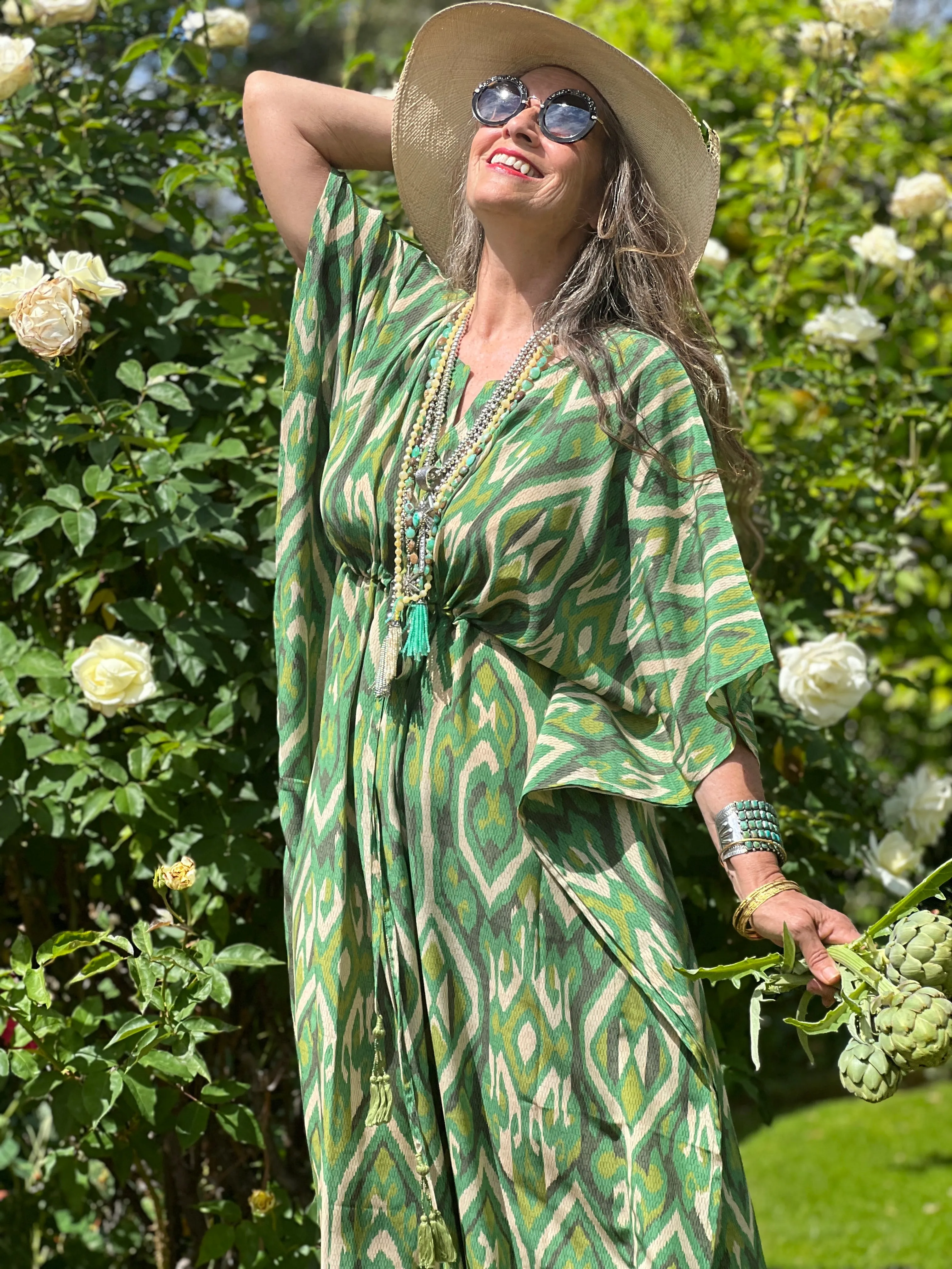 Gallipoli Green Ikat Italian Silk Maxi Kaftan