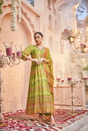 Green Digital Printed Spanish Silk Anarkali Set