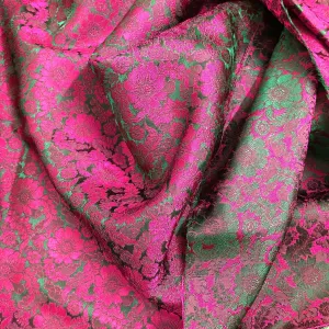 Green silk with Pink Chrysanthemum pattern - Silk for sewing - Handmade silk fabric