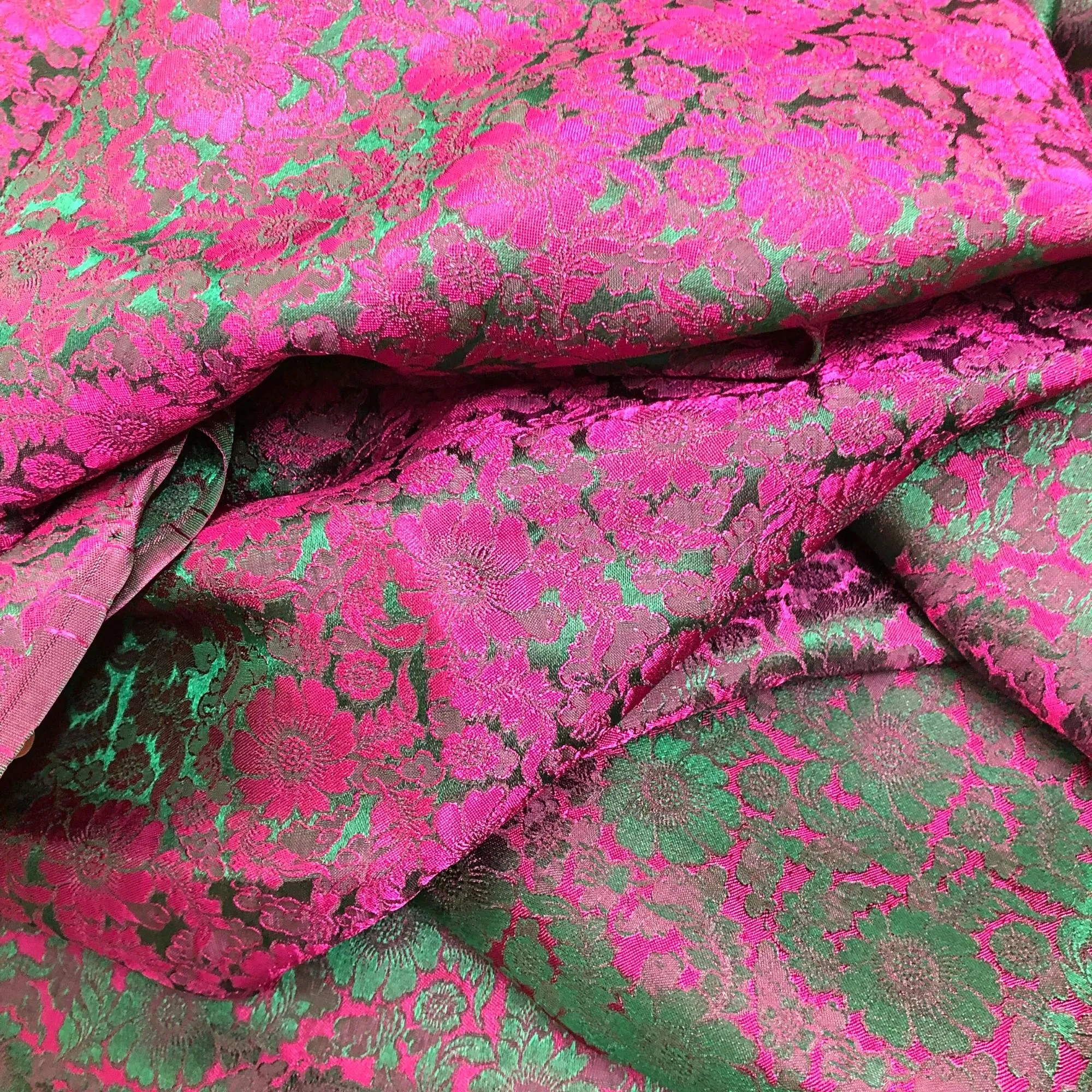 Green silk with Pink Chrysanthemum pattern - Silk for sewing - Handmade silk fabric