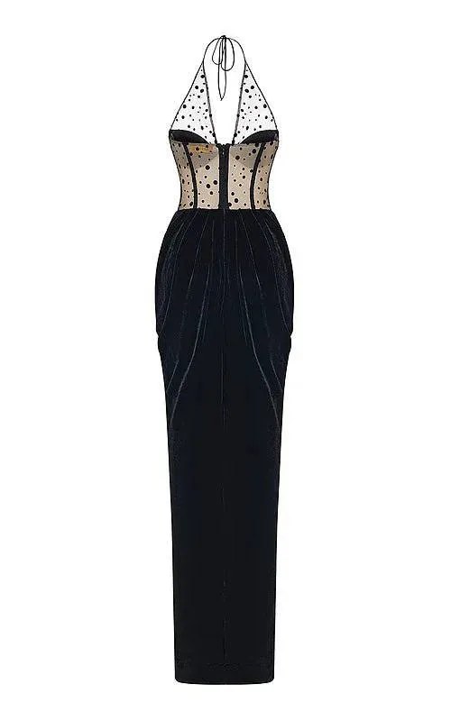 Jessica Halter Corset Draped Maxi Velvet Dress