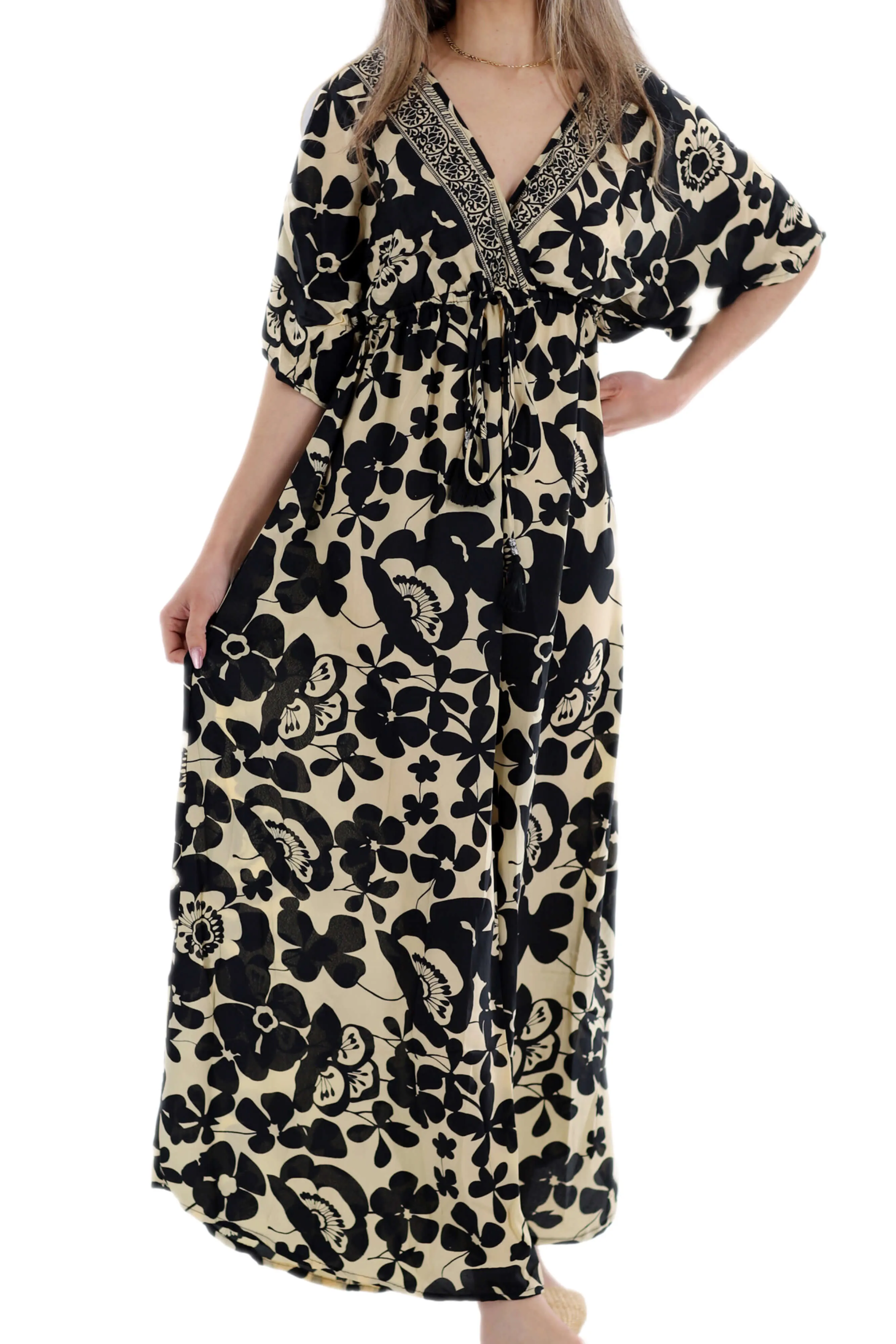 Long Flowy Floral 'Amalia' Maxi Dress in Black/Ivory