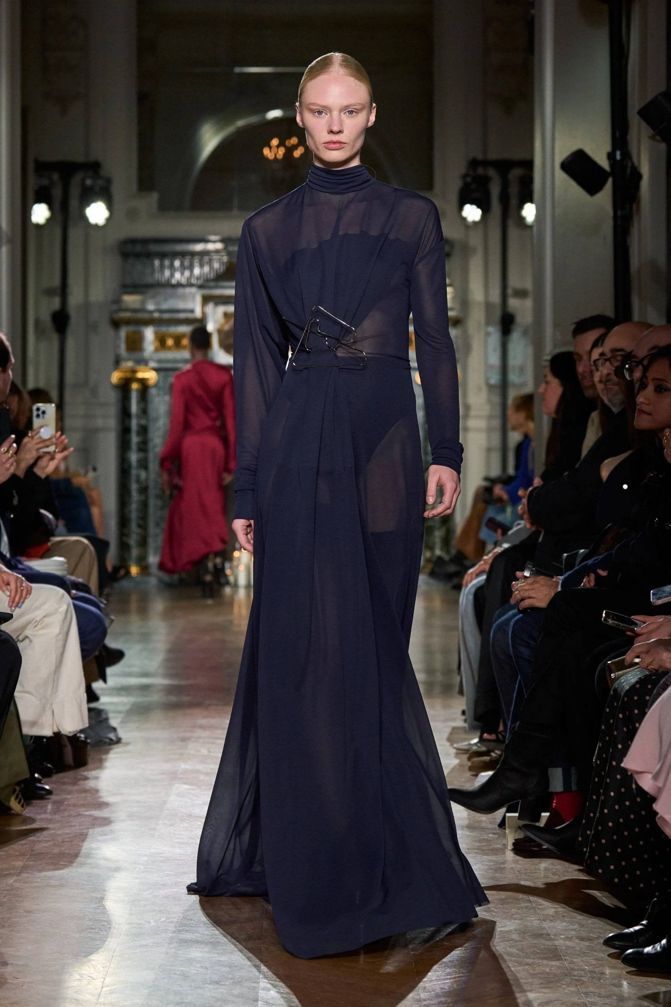 Long Sleeve Draped Jersey Floor-Length Gown In Ink Blue