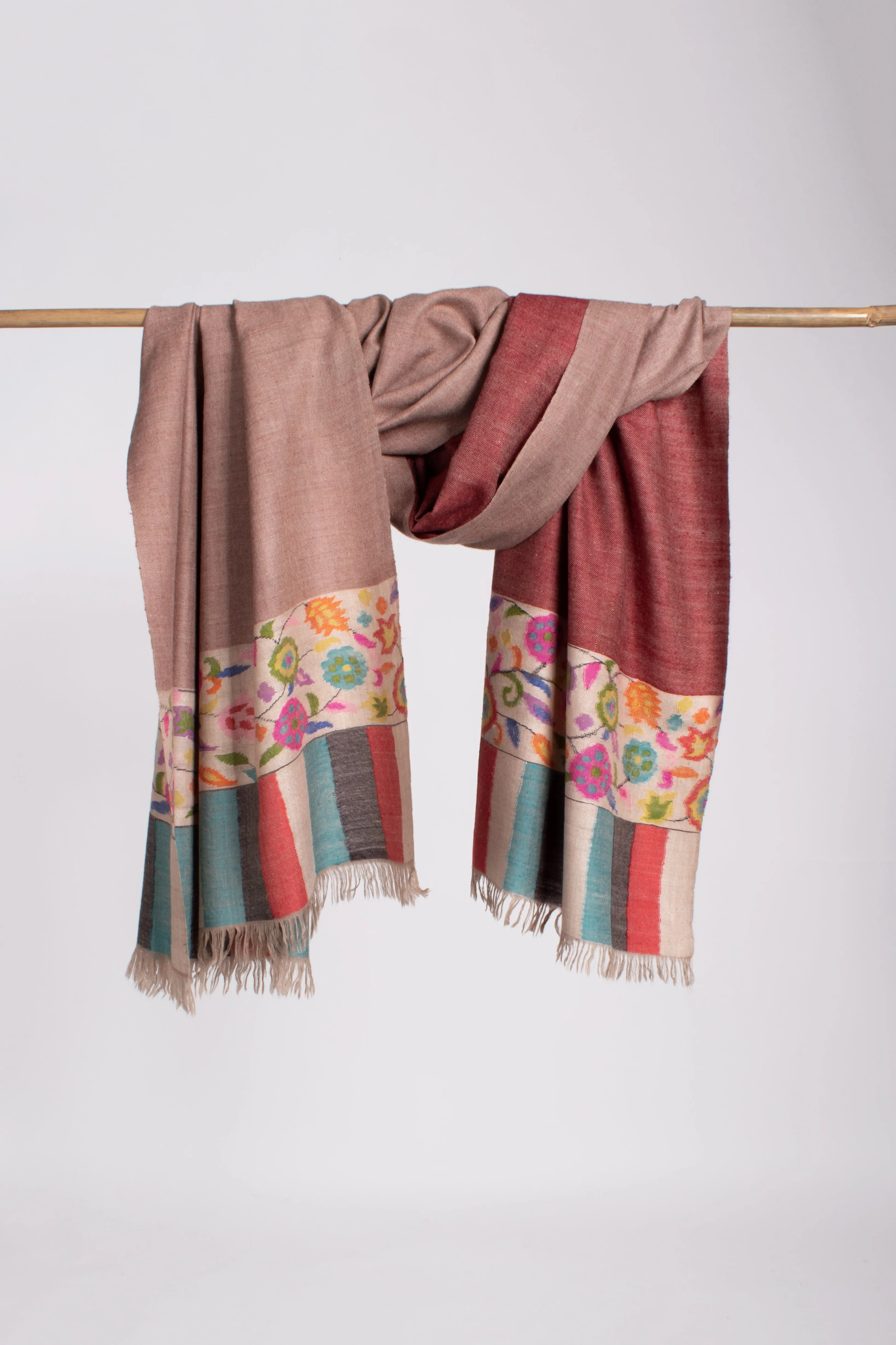 Maroon Beige Dorukha Kani  Evening Pashmina Shawl