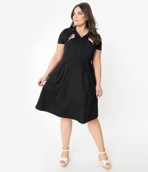 Plus Size Retro Style Black Embroidered Bird Collared Swing Dress