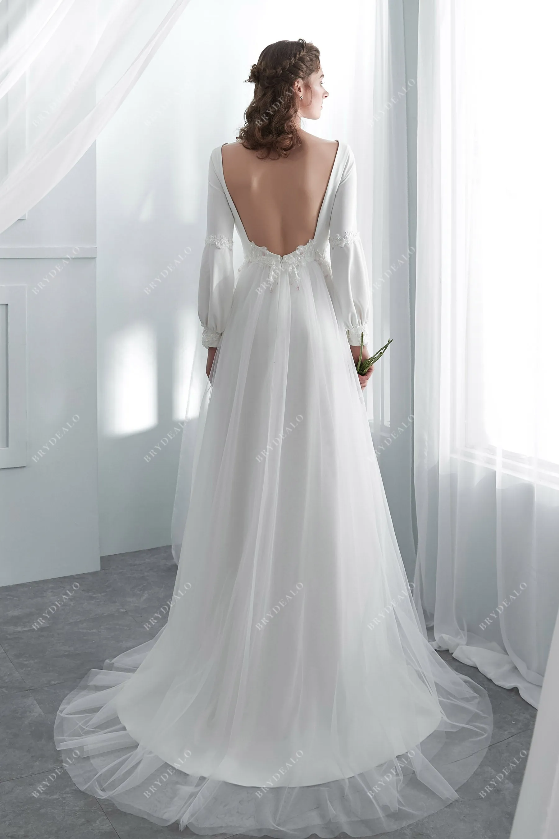 Pretty Bubble Sleeves Crepe Tulle Boho Wedding Dress