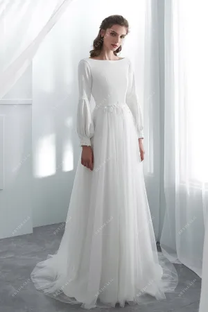 Pretty Bubble Sleeves Crepe Tulle Boho Wedding Dress