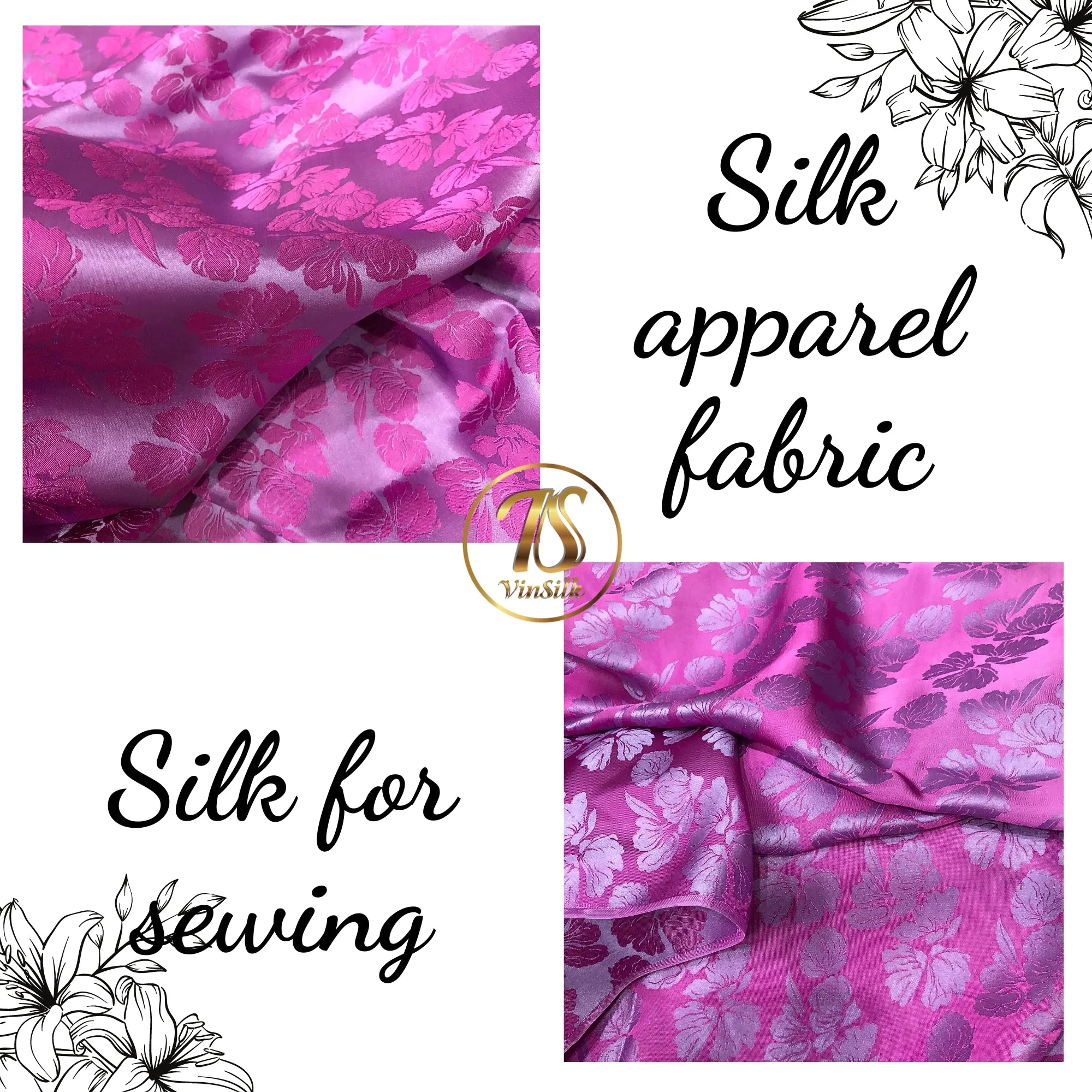 PURE MULBERRY SILK fabric by the yard - Pink floral silk fabric - Handmade fabric – Dress making – Silk for sewing - Gift for women