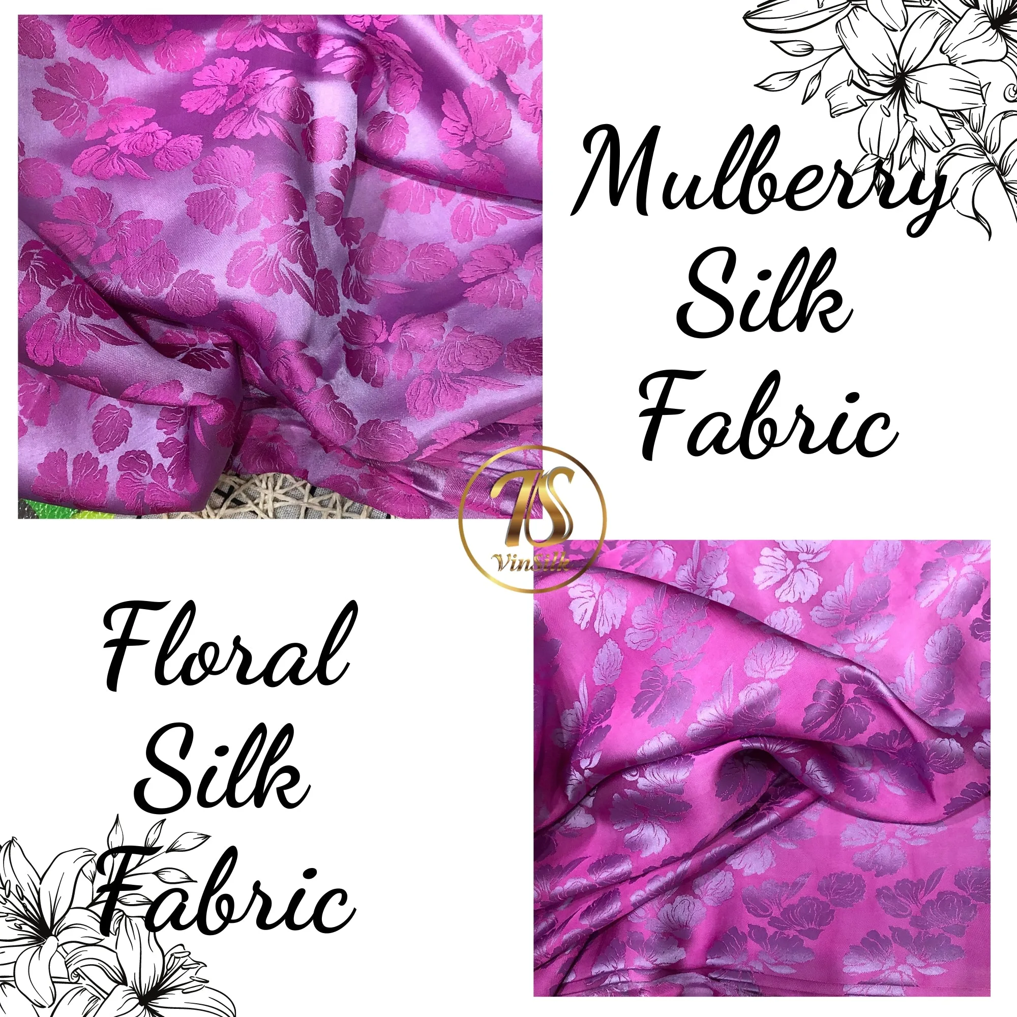 PURE MULBERRY SILK fabric by the yard - Pink floral silk fabric - Handmade fabric – Dress making – Silk for sewing - Gift for women