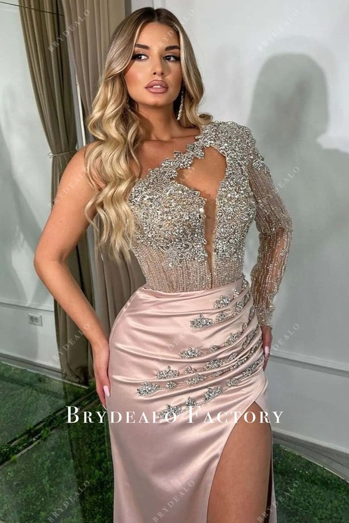 Rhinestones One Sleeve Pink Satin Slit Prom Dress