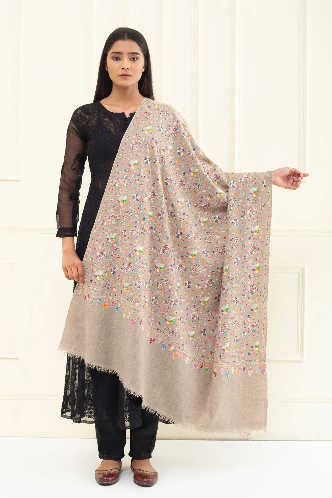Sawood Classic Taupe Sozni Embroidered Jaali Pashmina Shawl