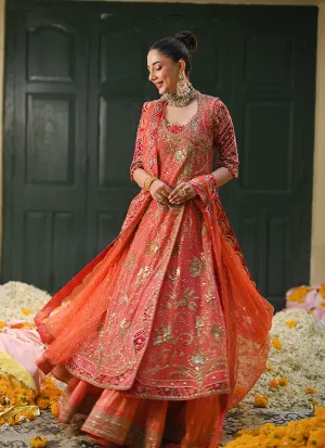 Sereia coral angharkha with an embellished dupatta