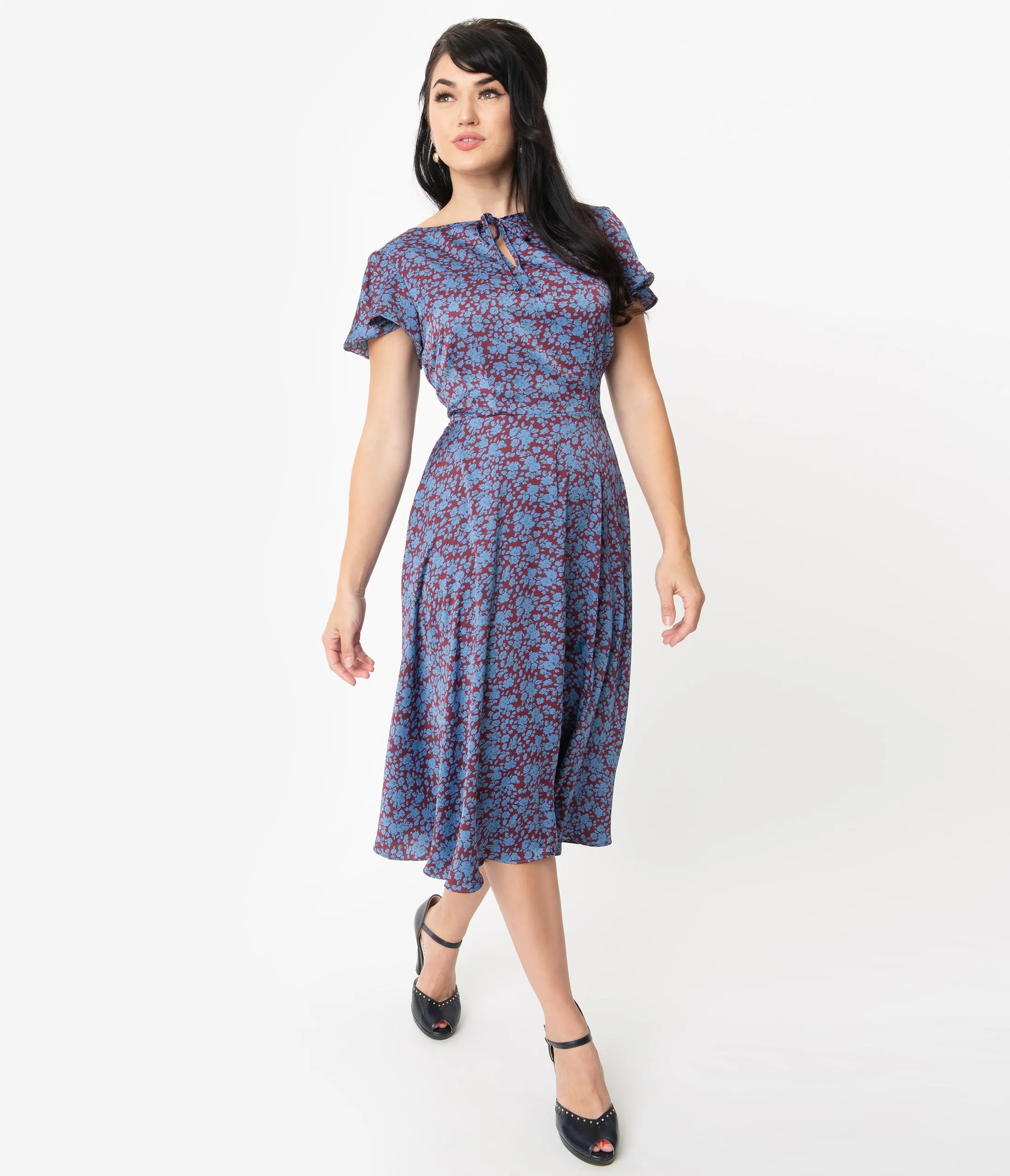 Unique Vintage 1940s Style Maroon & Blue Floral Formosa Swing Dress