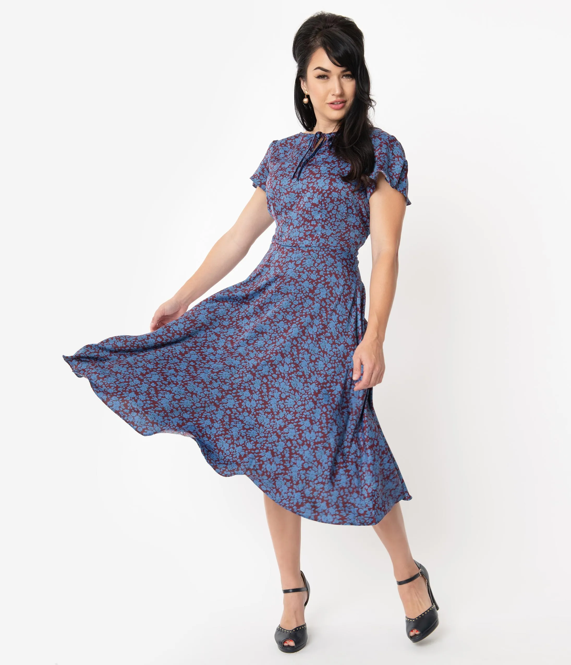 Unique Vintage 1940s Style Maroon & Blue Floral Formosa Swing Dress