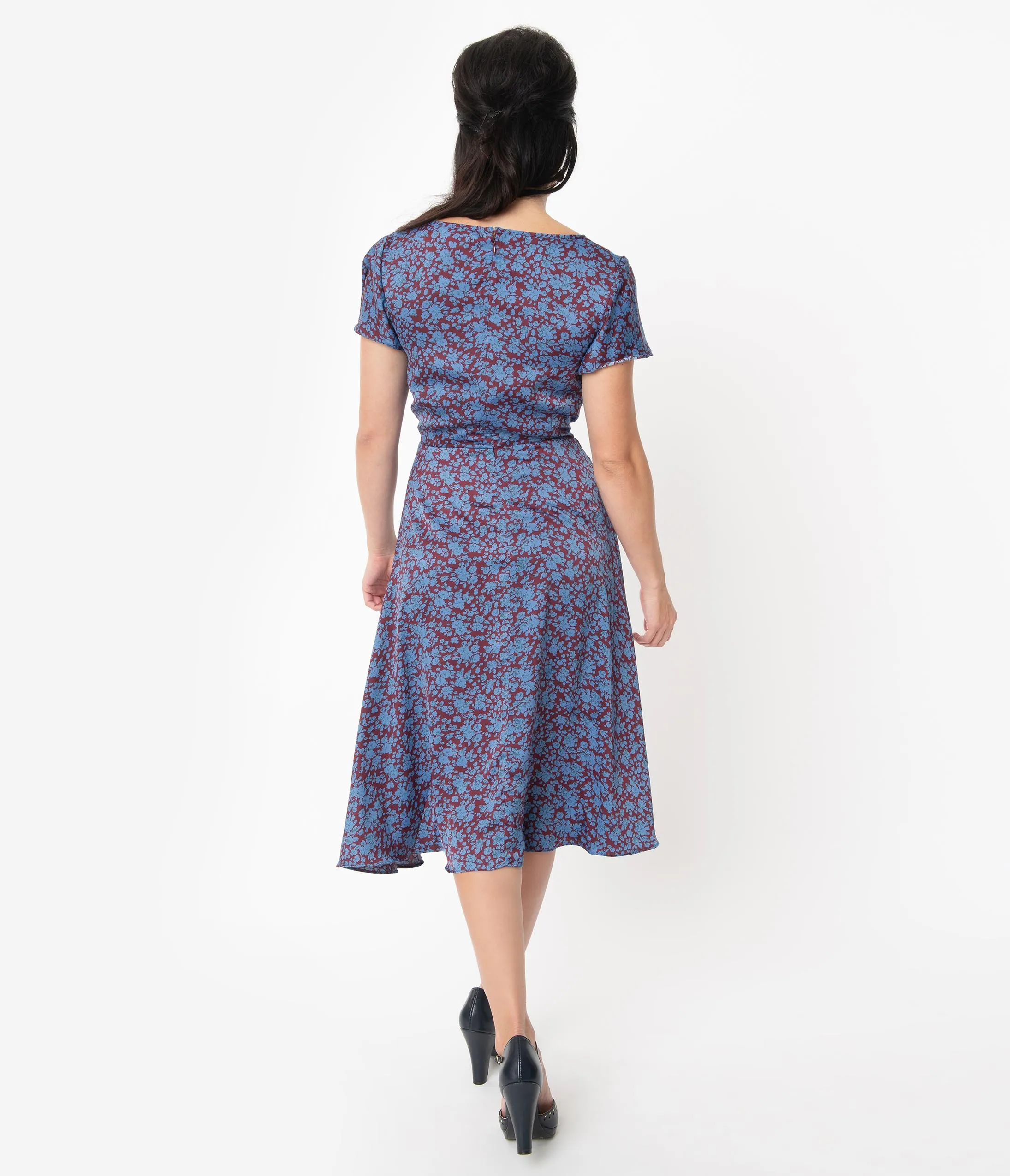 Unique Vintage 1940s Style Maroon & Blue Floral Formosa Swing Dress