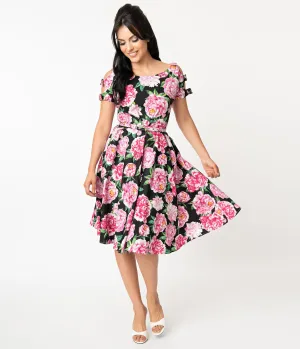 Unique Vintage 1950s Black & Pink Floral Bow Sleeve Selma Swing Dress