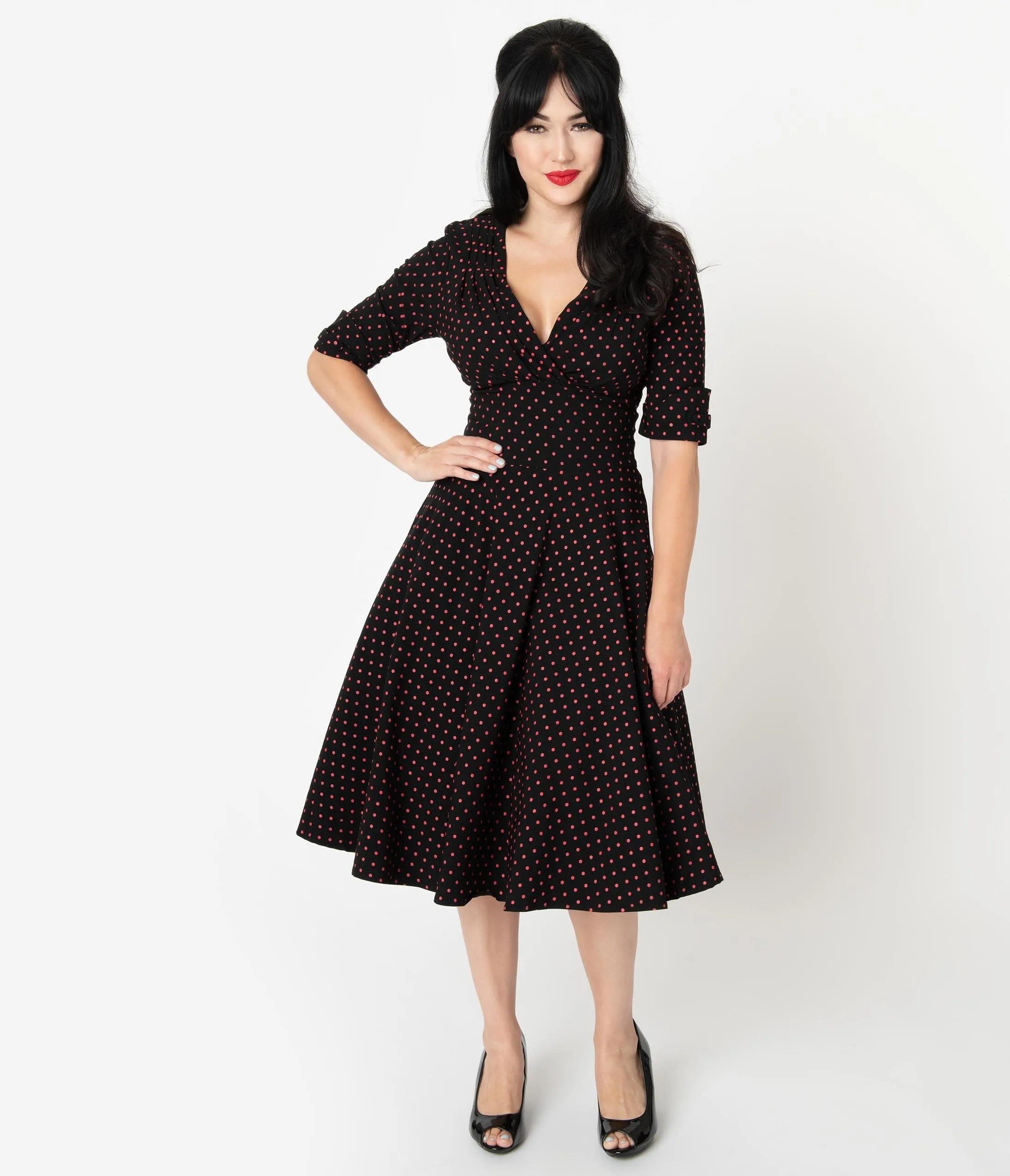 Unique Vintage 1950s Black & Red Pin Dot Delores Swing Dress with Sleeves