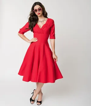 Unique Vintage 1950s Red Delores Swing Dress with Sleeves