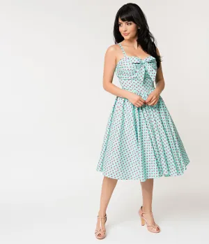 Unique Vintage 1950s Turquoise Blue & Pink Strawberry Print Golightly Swing Dress