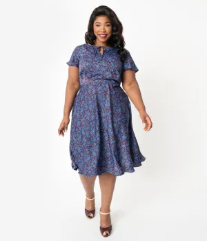 Unique Vintage Plus Size 1940s Style Maroon & Blue Floral Formosa Swing Dress