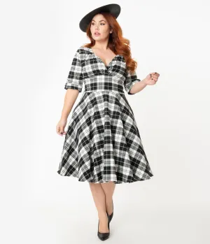 Unique Vintage Plus Size 1950s Black & White Plaid Delores Swing Dress with Sleeves