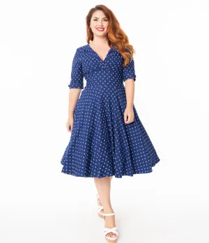 Unique Vintage Plus Size 1950s Blue Anchor Print Delores Swing Dress with Sleeves