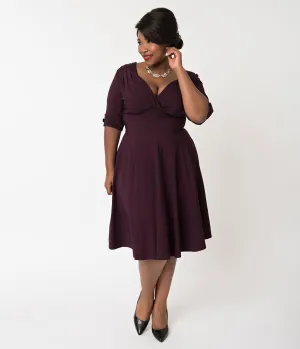 Unique Vintage Plus Size 1950s Eggplant Purple Delores Swing Dress with Sleeves