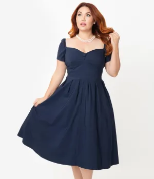 Unique Vintage Plus Size 1950s Navy Sweetheart Midge Swing Dress