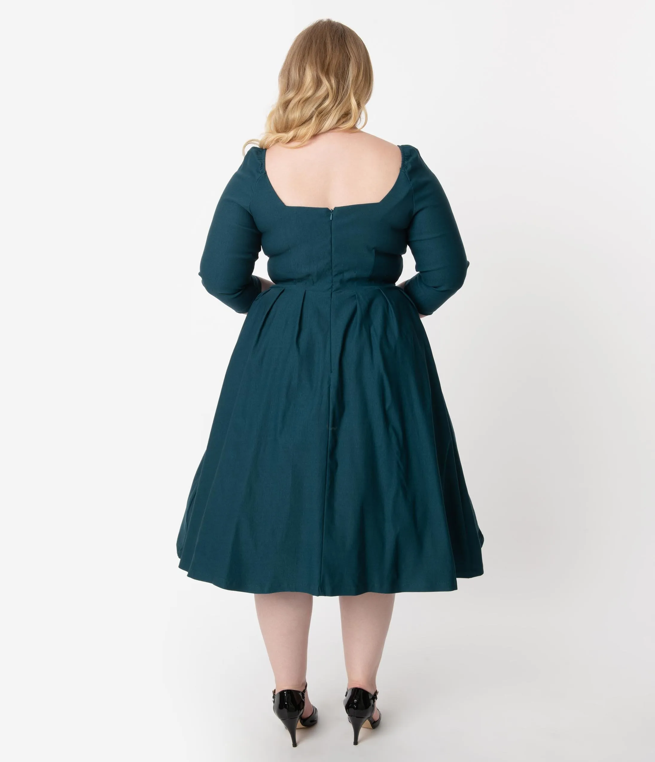 Unique Vintage Plus Size 1950s Style Dark Teal Bengaline Sweetheart Lamar Swing Dress