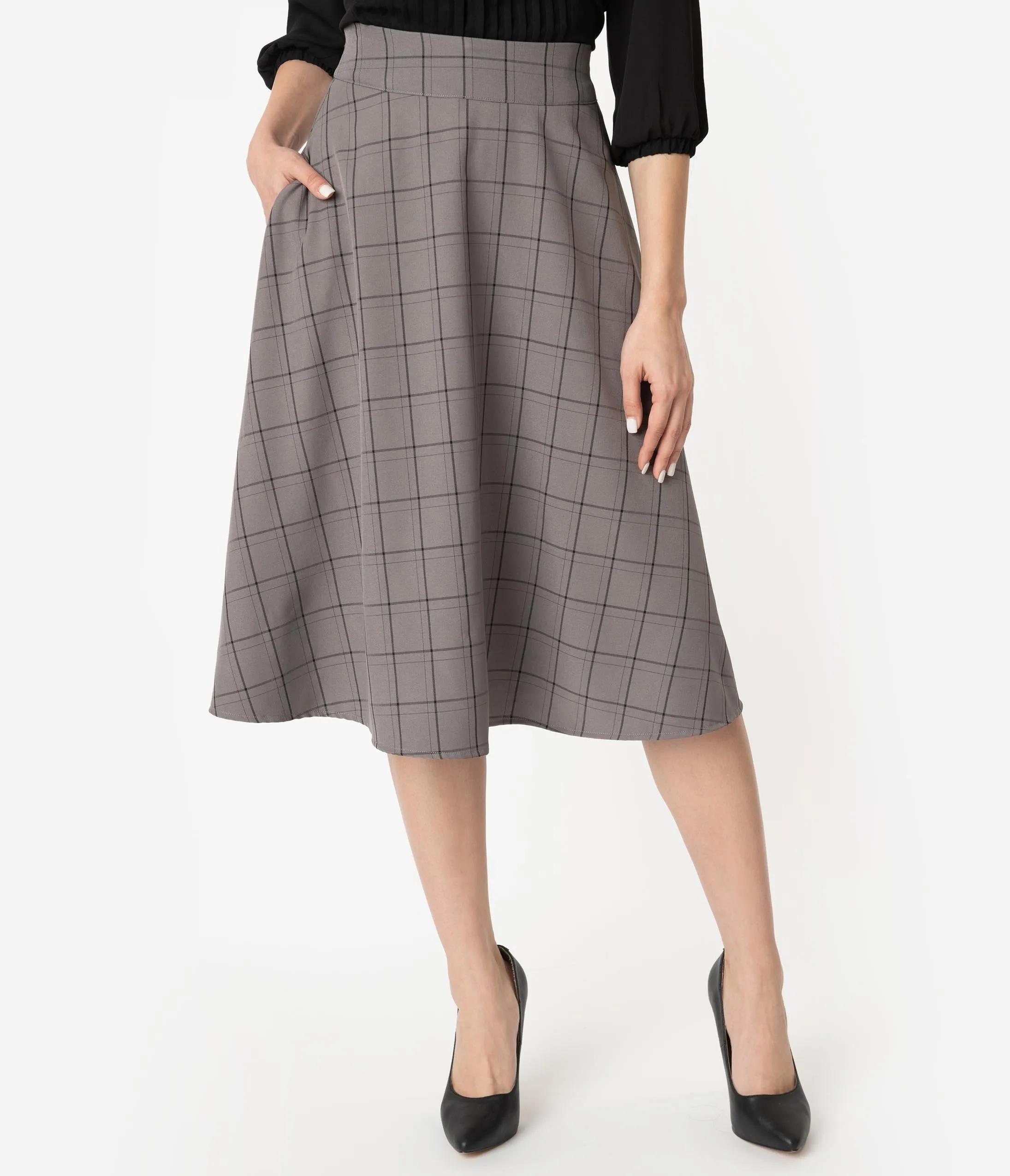 Unique Vintage Retro Style Grey & Black Windowpane High Waist Vivien Swing Skirt