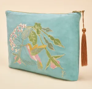 Velvet Zip Pouch - Hummingbird - Aqua