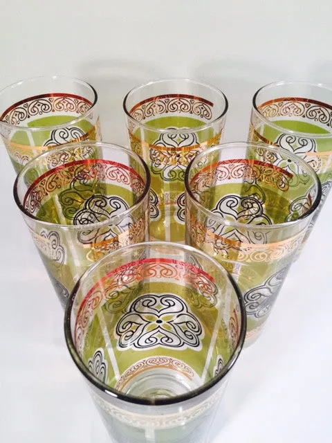 Vintage Retro Green and Gold Flower Glasses (Set of 6)