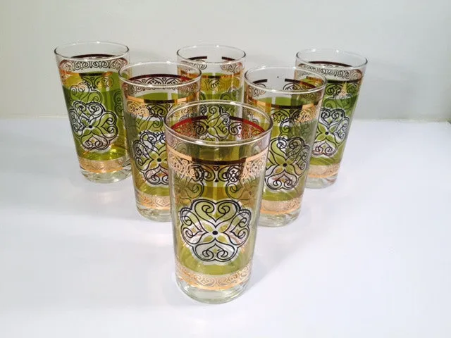 Vintage Retro Green and Gold Flower Glasses (Set of 6)